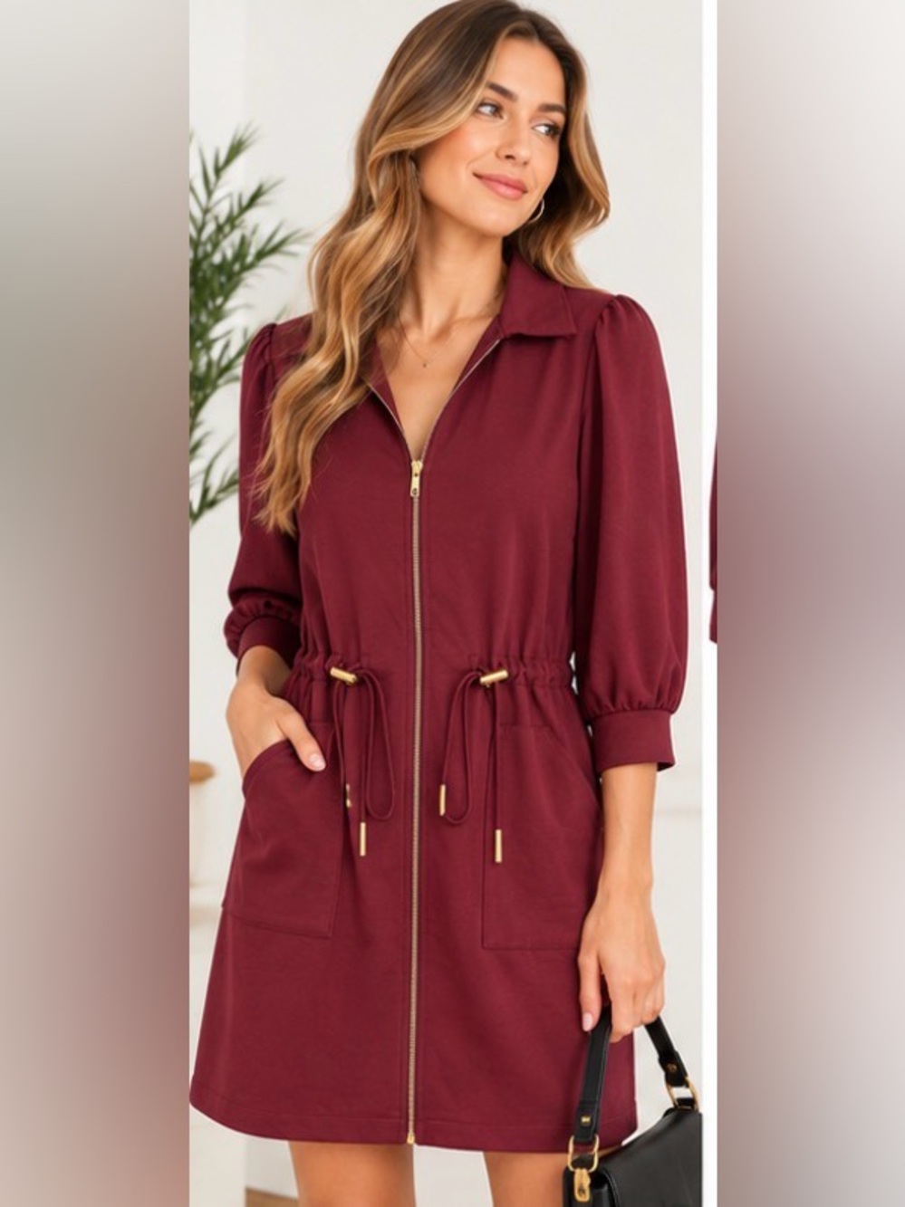 Umgee Burgundy Zip Front Drawstring Utility Dress Sample S/M